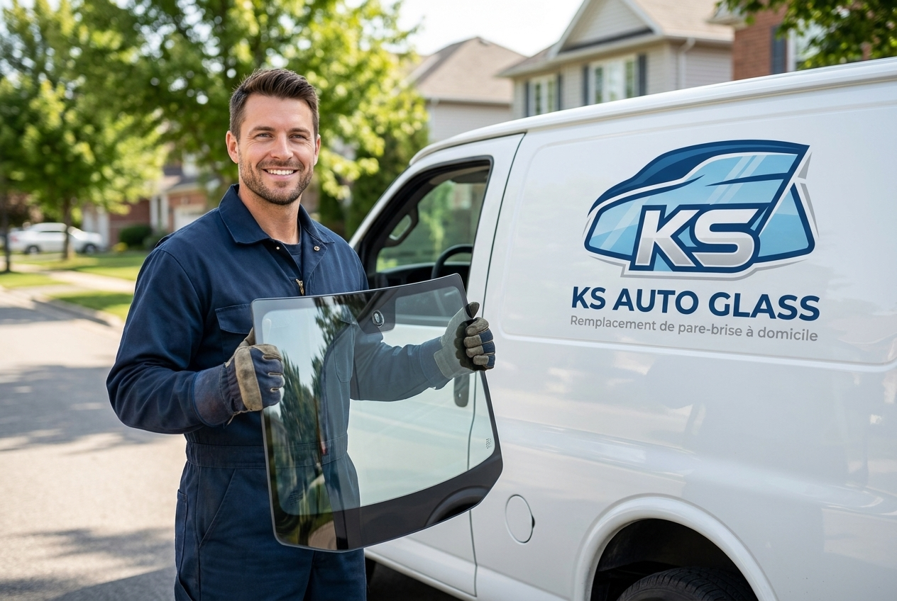 Technicien KS Auto Glass et sa camionnette