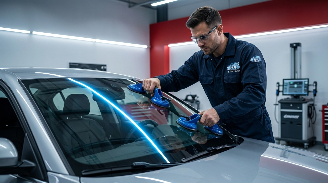 Technicien KS Auto Glass posant un pare-brise